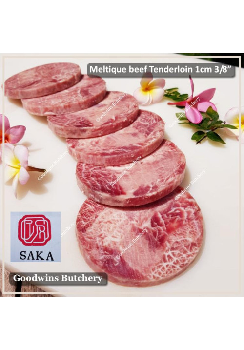 Beef Eye Fillet Mignon Has Dalam TENDERLOIN MELTIQUE meltik (wagyu alike) SAKA frozen STEAK 1cm 3/8" @100g (price/pack 500g 4-5pcs)